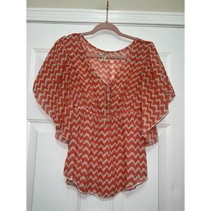 VTG Bella D Women's Top Large Orange Flutter Sleeve Babydoll Boho Shirt Fairy